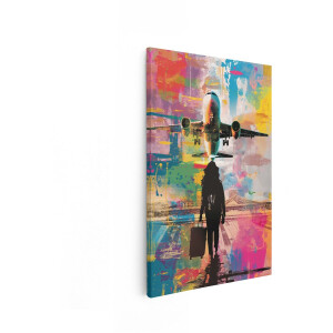 Artaza Canvas Schilderij Vrouw met Koffer Loopt Naar Vliegtuig op Kleurrijke Luchthaven met Abstracte Achtergrond - 80x120 cm - Groot - Wanddecoratie Woonkamer - Schilderijen - Muurdecoratie