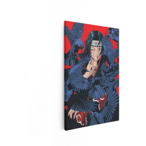 Artaza Canvas Schilderij Itachi Uchiha Omringd door Kraaien met Bloedende Ogen en Rode Achtergrond - 60x90 cm - Wanddecoratie Woonkamer - Schilderijen - Muurdecoratie