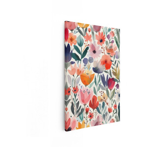 Artaza Canvas Schilderij Levendig Aquarel Bloemenpatroon met Diverse Bloemsoorten en Bladeren - 60x90 cm - Wanddecoratie Woonkamer - Schilderijen - Muurdecoratie