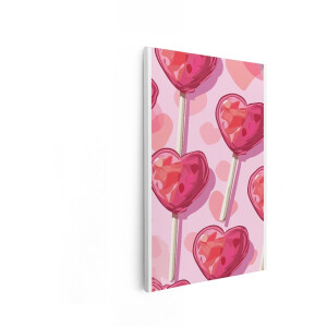 Artaza Canvas Schilderij Vrolijke Hartvormige Lolly'S met een Roze Achtergrond en Hartjespatroon - 80x120 cm - Groot - Wanddecoratie Woonkamer - Schilderijen - Muurdecoratie
