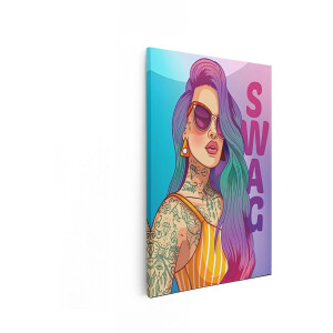 Artaza Canvas Schilderij Vrouw met Kleurrijk haar - Zonnebril en Tatoeages - Straalt Zelfvertrouwen Uit - 20x30 cm - Klein - Wanddecoratie Woonkamer - Schilderijen - Muurdecoratie