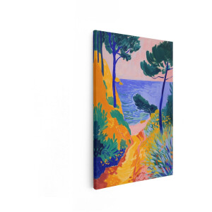 Artaza Canvas Schilderij Levendige Kustweg met Pijnbomen en de Blauwe Zee in een Impressionistische Stijl - 80x120 cm - Groot - Wanddecoratie Woonkamer - Schilderijen - Muurdecoratie