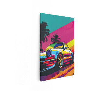 Artaza Canvas Schilderij Auto - 20x30 cm - Porsche Wanddecoratie - Muurdecoratie Retro - Pop Art Schilderij Zonsondergang