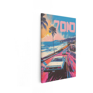 Artaza Canvas Schilderij Retro Kustweg - 40x60 cm - Wanddecoratie Oldtimer - Muurdecoratie Palmbomen Zee - Decoratie Vintage Zonsondergang