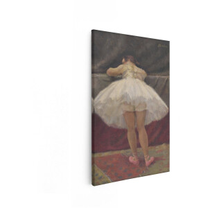 Artaza Canvas Schilderij Schilderij van een Ballerina in Witte Tutu Die zich Vasthoudt aan een Podiumrand - 60x90 cm - Wanddecoratie Woonkamer - Schilderijen - Muurdecoratie