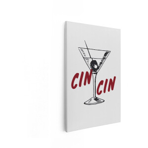 Artaza Canvas Schilderij Gegroefd Martiniglas met Olijf en 'Cin Cin' Tekst - 40x60 cm - Wanddecoratie Woonkamer - Schilderijen - Muurdecoratie
