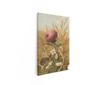 Artaza Canvas Schilderij Een bij Verzamelt Nectar op een Distelbloem Te Midden van Madeliefjes en Grassen - 80x120 cm - Groot - Wanddecoratie Woonkamer - Schilderijen - Muurdecoratie