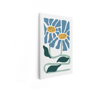 Artaza Canvas Schilderij Abstracte Blauwe Bloemen met Gele Harten en Groene Bladeren in een Modern Ontwerp - 20x30 cm - Klein - Wanddecoratie Woonkamer - Schilderijen - Muurdecoratie