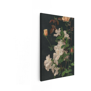 Artaza Canvas Schilderij Delicate Witte Azalea Bloemen en Rozenknoppen tegen een Donkere Achtergrond - 80x120 cm - Groot - Wanddecoratie Woonkamer - Schilderijen - Muurdecoratie