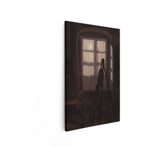 Artaza Canvas Schilderij Maansverlichte Kamer met een Stoel en een Schildersezel bij het Raam - 40x60 cm - Wanddecoratie Woonkamer - Schilderijen - Muurdecoratie