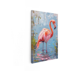 Artaza Canvas Schilderij Schilderachtige Flamingo in Water met Dikke Verfstreken en Levendige Kleuren - 80x120 cm - Groot - Wanddecoratie Woonkamer - Schilderijen - Muurdecoratie