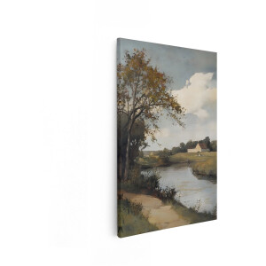 Artaza Canvas Schilderij Schilderachtig Landschap met Rivier - Boerderij en Herfstboom - 80x120 cm - Groot - Wanddecoratie Woonkamer - Schilderijen - Muurdecoratie