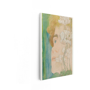Artaza Canvas Schilderij Portret van een Vrouw met Cyclamen in Pastelkleuren - Art Nouveau Stijl - 80x120 cm - Groot - Wanddecoratie Woonkamer - Schilderijen - Muurdecoratie
