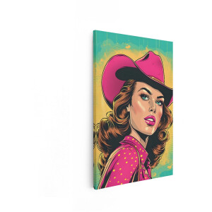 Artaza Canvas Schilderij Popart Cowboyvrouw met Felroze Hoed en Stippenshirt - 80x120 cm - Groot - Wanddecoratie Woonkamer - Schilderijen - Muurdecoratie