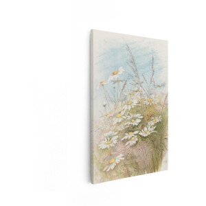 Artaza Canvas Schilderij Klassieke Aquarel van Madeliefjes en Grassen met de Tekst 'Easter Brings The Budding Spring' - 80x120 cm - Groot - Wanddecoratie Woonkamer - Schilderijen - Muurdecoratie