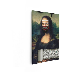Artaza Canvas Schilderij Mona Lisa met Mondkapje en Geld - Kunst en Waarde Heroverwogen - 40x60 cm - Wanddecoratie Woonkamer - Schilderijen - Muurdecoratie