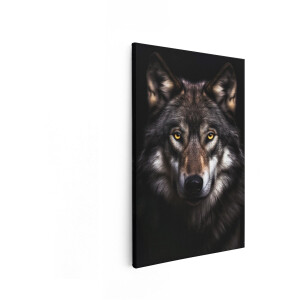 Artaza Canvas Schilderij Intens Wolfsportret met Doordringende Gele Ogen tegen een Donkere Achtergrond - 80x120 cm - Groot - Wanddecoratie Woonkamer - Schilderijen - Muurdecoratie