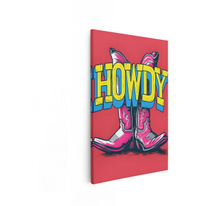 Artaza Canvas Schilderij Cowboylaarzen met de Tekst "Howdy" in Felle Kleuren - 60x90 cm - Wanddecoratie Woonkamer - Schilderijen - Muurdecoratie