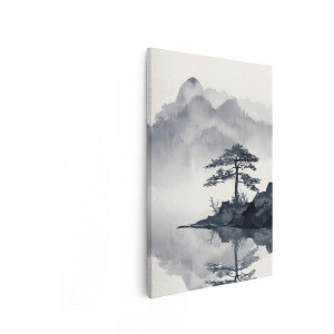 Artaza Canvas Schilderij Zen Meditatie Landschap met Eenzame Boom en Reflectie in Water - 80x120 cm - Groot - Wanddecoratie Woonkamer - Schilderijen - Muurdecoratie