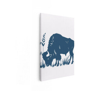 Artaza Canvas Schilderij Blauwe Bizon in Gras - Gestileerd Silhouet van een Grazend Dier - 20x30 cm - Klein - Wanddecoratie Woonkamer - Schilderijen - Muurdecoratie