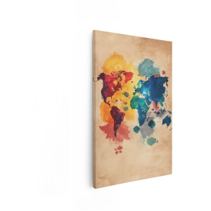 Artaza Canvas Schilderij Abstracte Wereldkaart met Levendige Aquarelverf Spetters op Perkamentpapier - 80x120 cm - Groot - Wanddecoratie Woonkamer - Schilderijen - Muurdecoratie