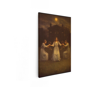 Artaza Canvas Schilderij Drie Vrouwen in Lange Jurken Voeren een Ritueel Uit onder de Volle Maan bij een Huis - 80x120 cm - Groot - Wanddecoratie Woonkamer - Schilderijen - Muurdecoratie