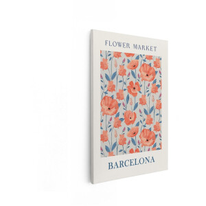 Artaza Canvas Schilderij Bloemenmarkt Poster met Oranje Klaprozen en Blauwe Bladeren in Barcelona - 20x30 cm - Klein - Wanddecoratie Woonkamer - Schilderijen - Muurdecoratie