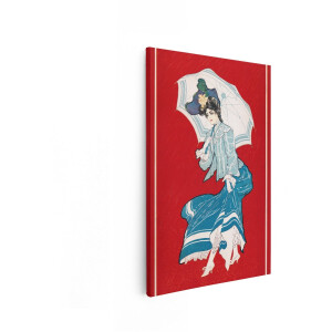 Artaza Canvas Schilderij Vrouw Met Paraplu - 60x90 cm - Vintage Wanddecoratie - Muurdecoratie Blauwe Jurk - Retro Schilderijen Op Canvas