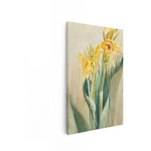 Artaza Canvas Schilderij Gele Canna Bloemen Geschilderd in Aquarel met Groene Bladeren - 20x30 cm - Klein - Wanddecoratie Woonkamer - Schilderijen - Muurdecoratie