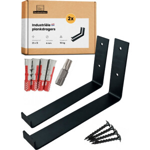 GoudmetHout® Industriële Plankdragers L-vorm UP - 25 cm - Stalen Plankdrager voor Wandschap, Muurrek of Wandconsole - Max 50 kg - 2 Stuks - Mat Zwart