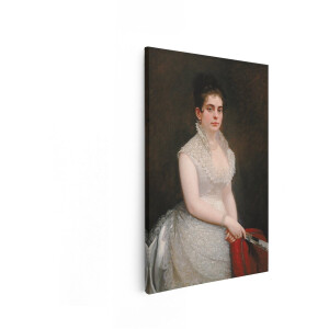 Artaza Canvas Schilderij Portret van een Dame in een Elegante Witte Kanten Jurk met Parels en een Waaier - 60x90 cm - Wanddecoratie Woonkamer - Schilderijen - Muurdecoratie