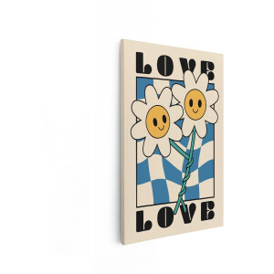 Artaza Canvas Schilderij Retro Groovy Madeliefjes met Glimlachende Gezichten en het Woord Liefde - 80x120 cm - Groot - Wanddecoratie Woonkamer - Schilderijen - Muurdecoratie