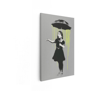 Artaza Canvas Schilderij Meisje Met Paraplu Banksy - 40x60 cm - Wanddecoratie Street Art - Muurdecoratie Zwart Wit - Decoratie Gele Regen