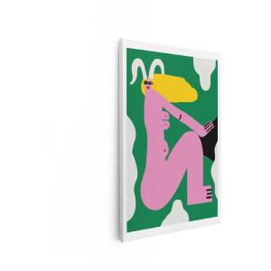 Artaza Canvas Schilderij Abstracte Roze Figuur met Blonde Haren en Konijnenoren Zit op een Groene Achtergrond - 40x60 cm - Wanddecoratie Woonkamer - Schilderijen - Muurdecoratie