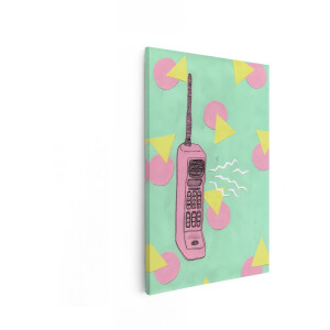 Artaza Canvas Schilderij Roze Retro Mobiele Telefoon met Geometrische Patronen op een Mintgroene Achtergrond - 20x30 cm - Klein - Wanddecoratie Woonkamer - Schilderijen - Muurdecoratie