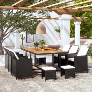 vidaXL 11-delige Tuinset met kussens poly rattan zwart