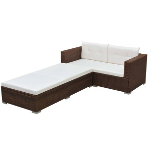 vidaXL 3-delige Loungeset met kussens poly rattan bruin