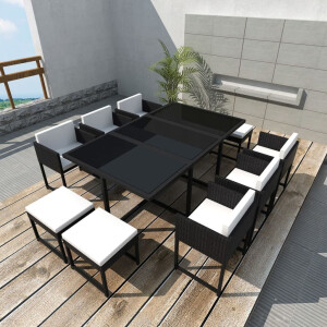 vidaXL 11-delige Tuinset met kussens poly rattan zwart