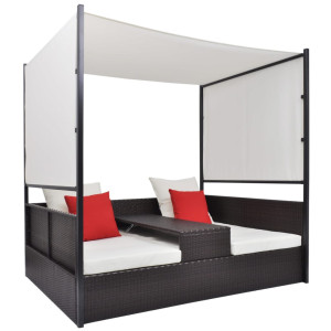 vidaXL Tuinbed met luifel 190x130 cm poly rattan bruin