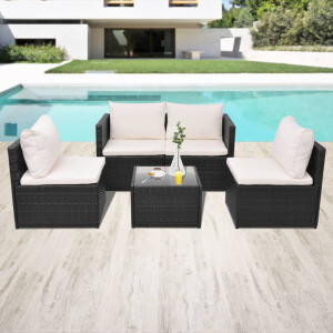 vidaXL 5-delige Loungeset met kussens poly rattan zwart