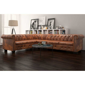 vidaXL Chesterfield hoekbank 6-zits kunstleer bruin