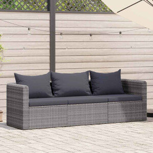 vidaXL 3-delige Loungeset met kussens poly rattan grijs