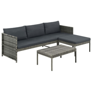 vidaXL 3-delige Loungeset met kussens poly rattan grijs