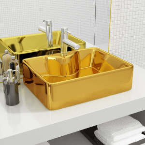 vidaXL Wastafel met kraangat 48x37x13,5 cm keramiek goudkleurig