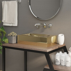 vidaXL Wastafel met overloop 49x25x15 cm keramiek goudkleurig