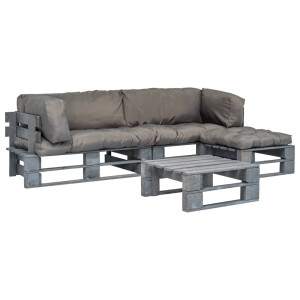 vidaXL 4-delige Loungeset pallet met grijze kussens hout