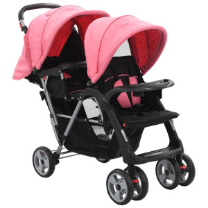 vidaXL Kinderwagen dubbel staal roze en zwart