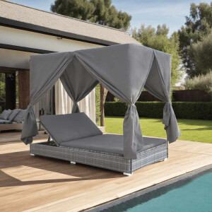 vidaXL Loungebed met gordijnen poly rattan grijs