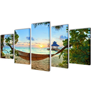 vidaXL Canvas muurdruk set zandstrand met hangmat 200 x 100 cm