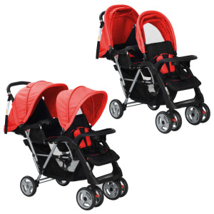 vidaXL Kinderwagen dubbel staal rood en zwart